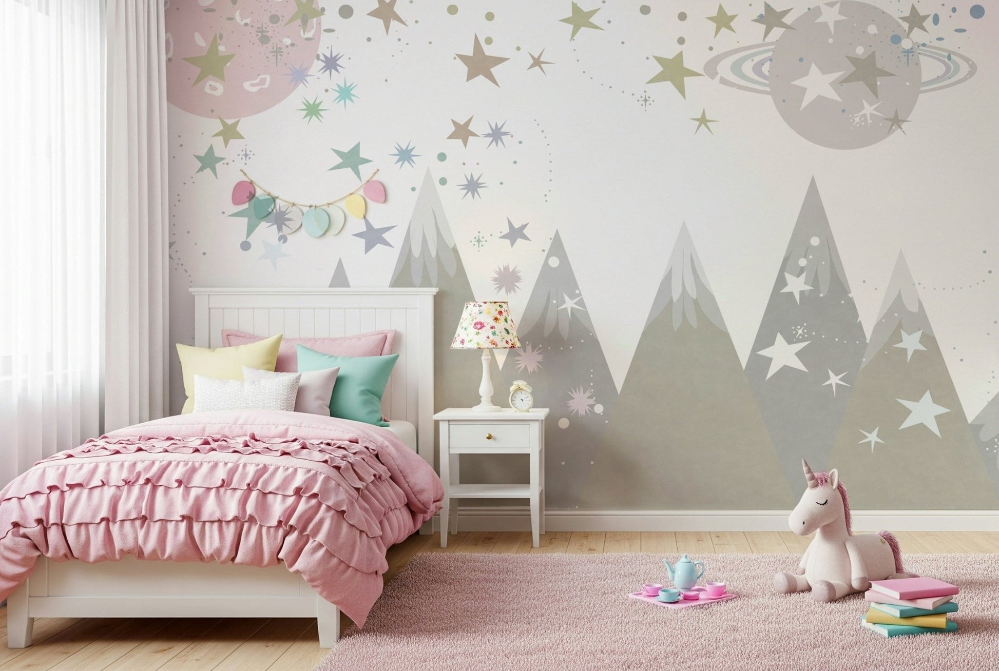 A graceful subtle pattern wall mural in cool, dark tones with vibrant nebulae.