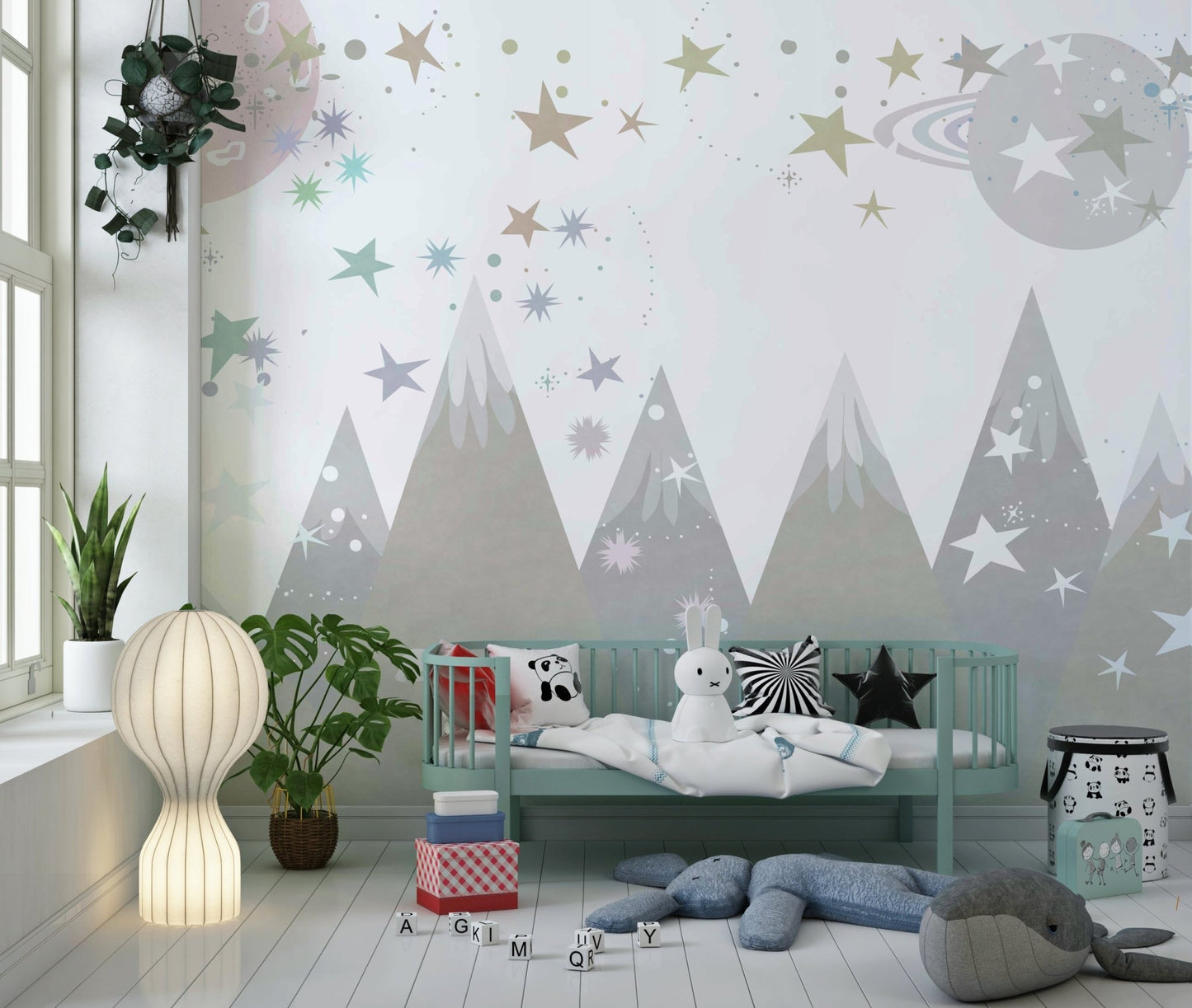 A serene flowing design wall mural of mountain peaks meeting a galaxy.