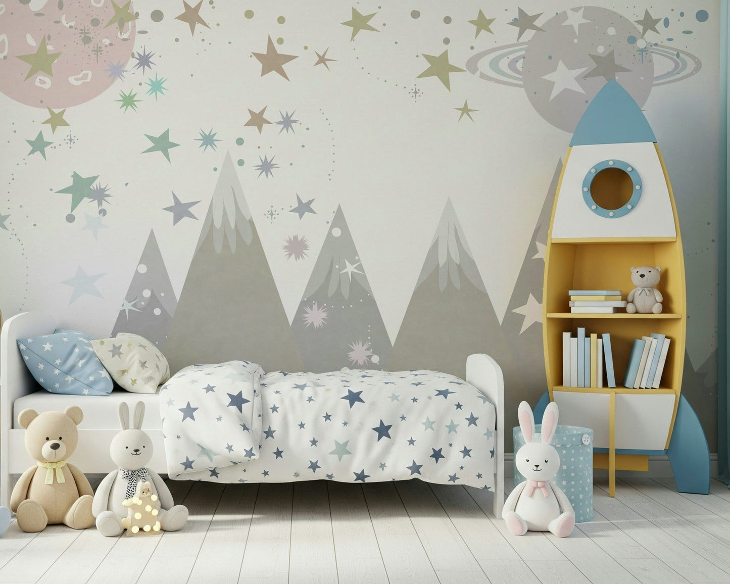 A peaceful modern abstract mural on decorative wallpaper.