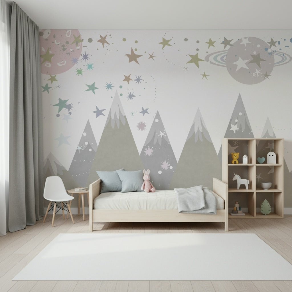 An artistic soft focus mural on minimalist wallpaper.