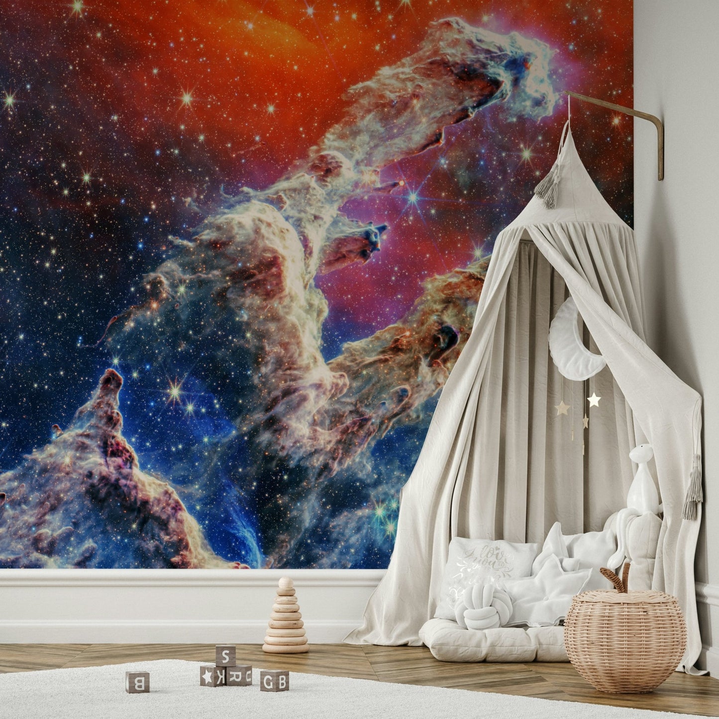 Large, geometric pillars or columns stand in the foreground.
