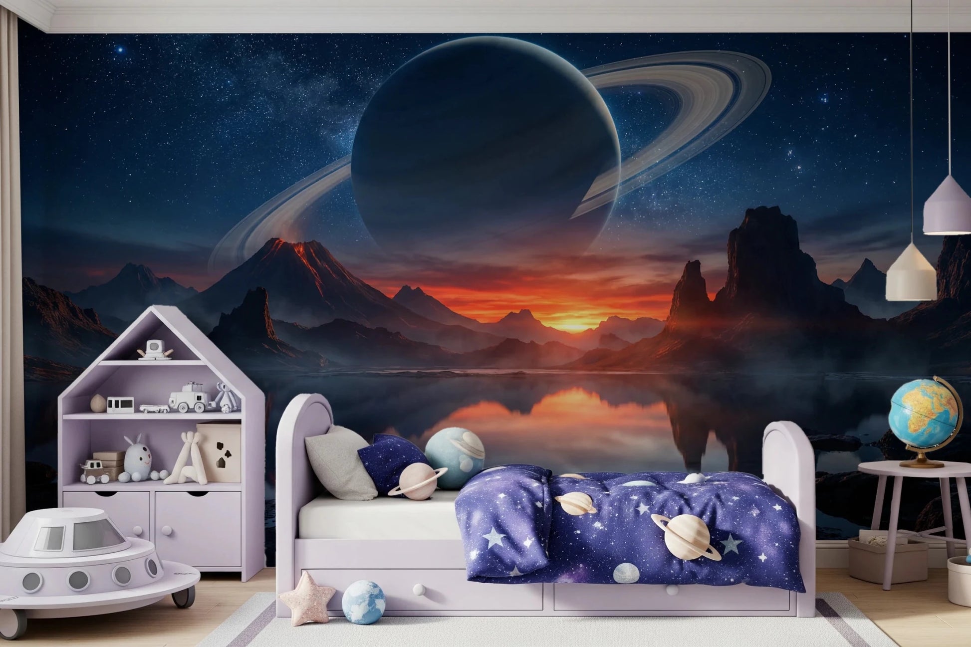 Fun bedroom corner built around Cosmic Reflection wall mural and starry night theme