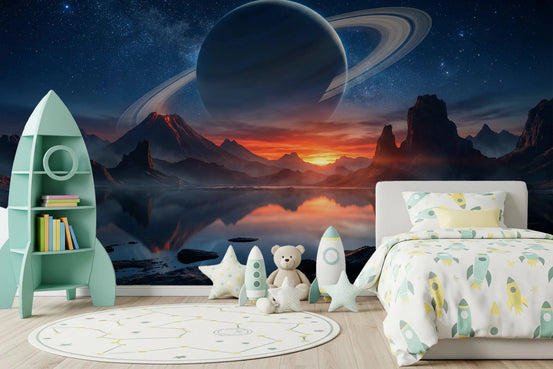 Kids bedroom styled with Cosmic Reflection wall mural and space-themed decor elements, GD8558