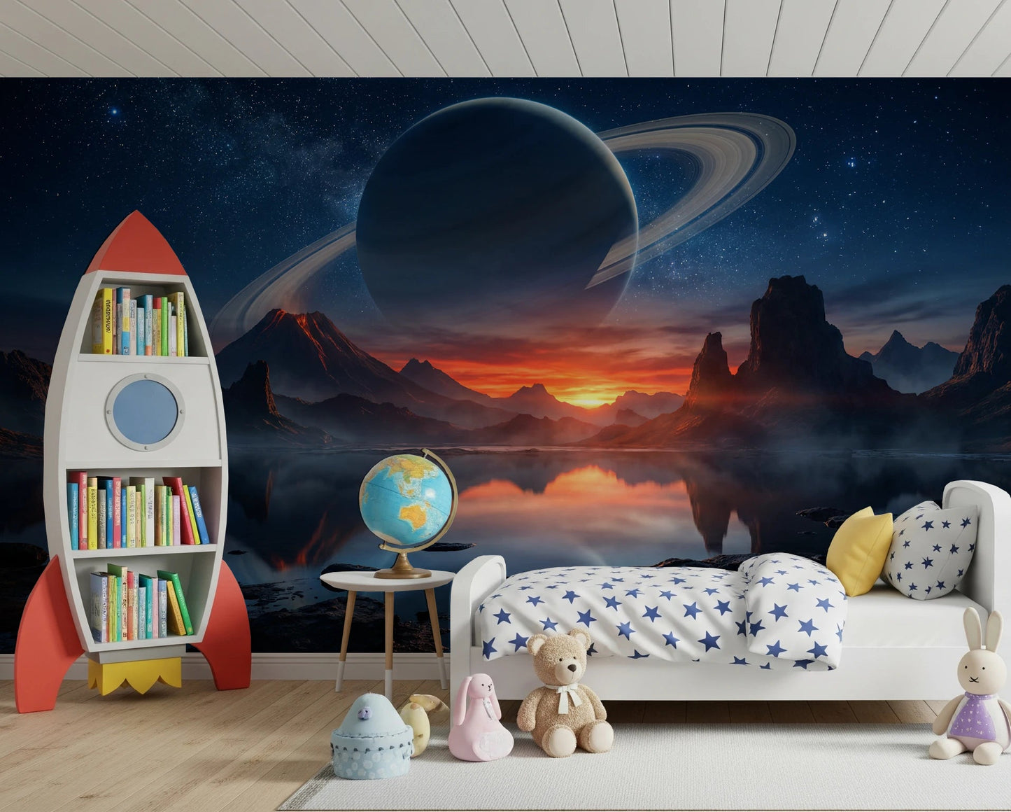 Cozy kids sleeping area paired with Cosmic Reflection wall mural and galaxy tones