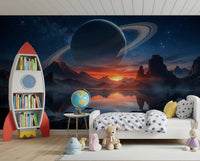 Cozy kids sleeping area paired with Cosmic Reflection wall mural and galaxy tones