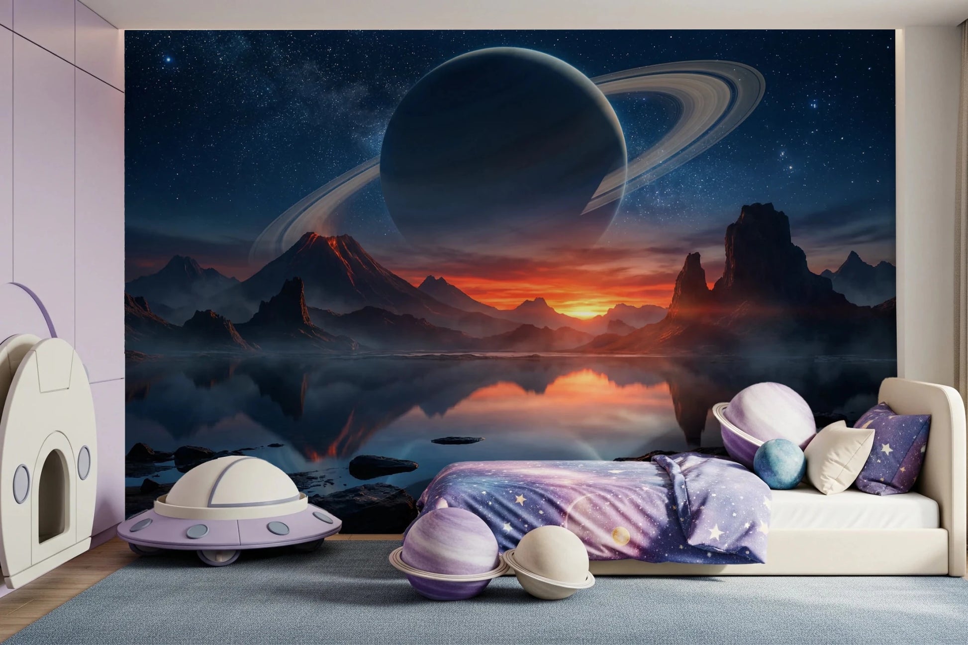 Soft children’s space framed by Cosmic Reflection wall mural and sunset horizon glow