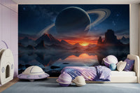 Soft children’s space framed by Cosmic Reflection wall mural and sunset horizon glow