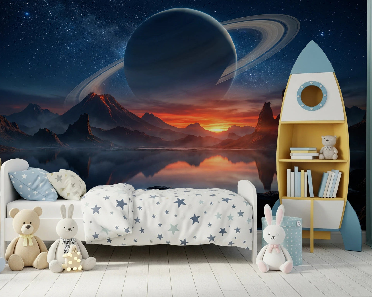 Children’s bedroom setup enhanced by Cosmic Reflection wall mural and glowing sky