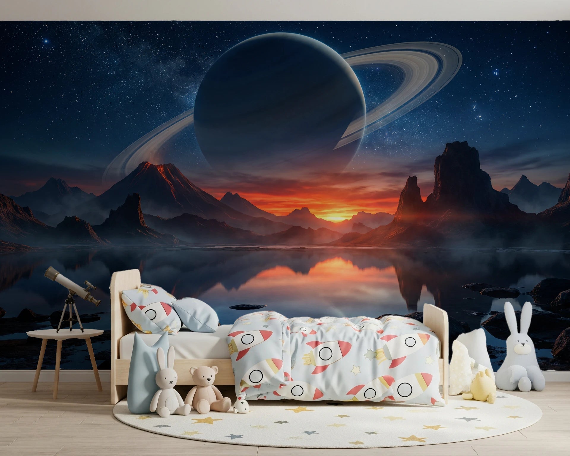Modern kids bedroom finished with Cosmic Reflection wall mural and space scenery
