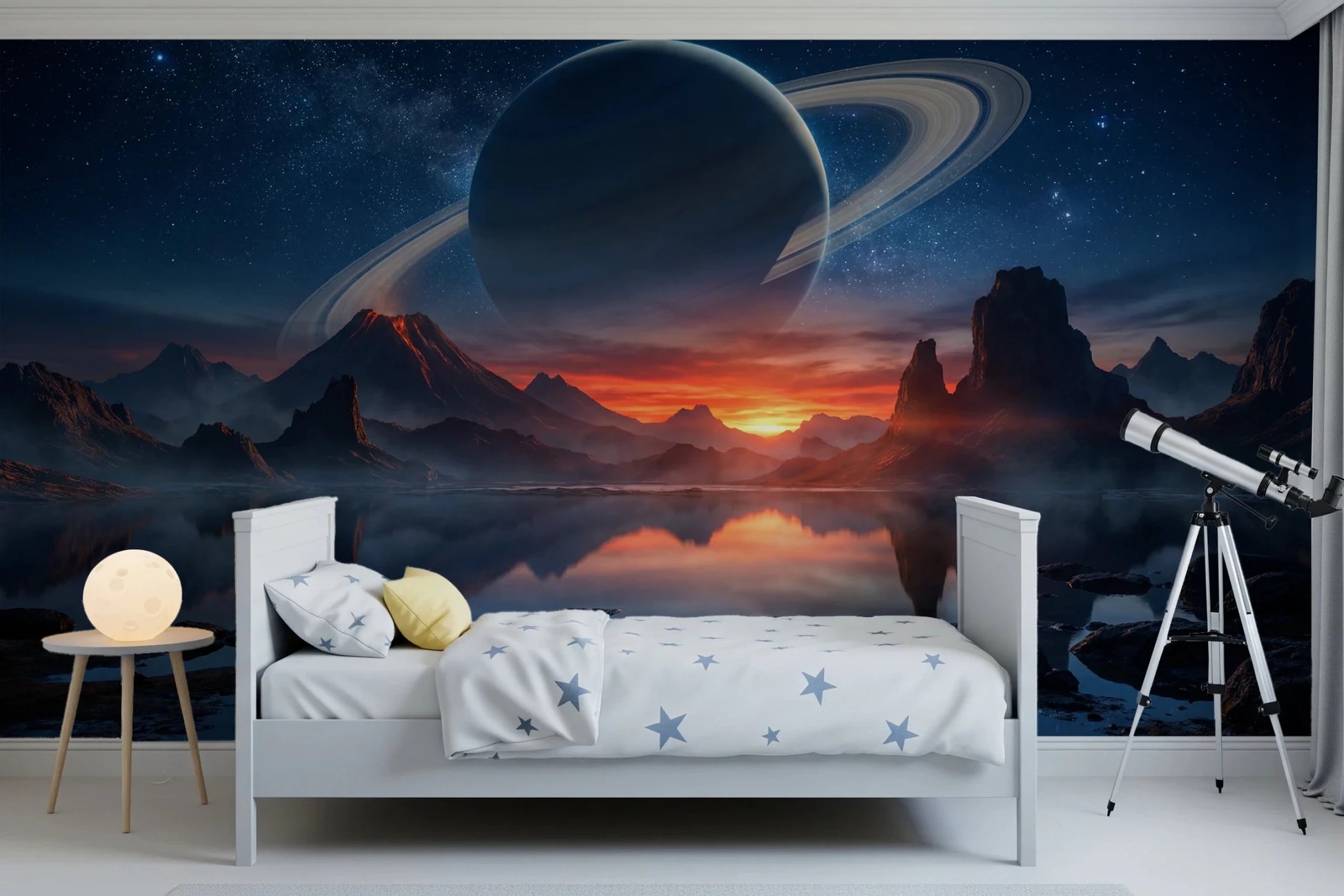 Playful kids room featuring Cosmic Reflection wall mural with planet and galaxy scene