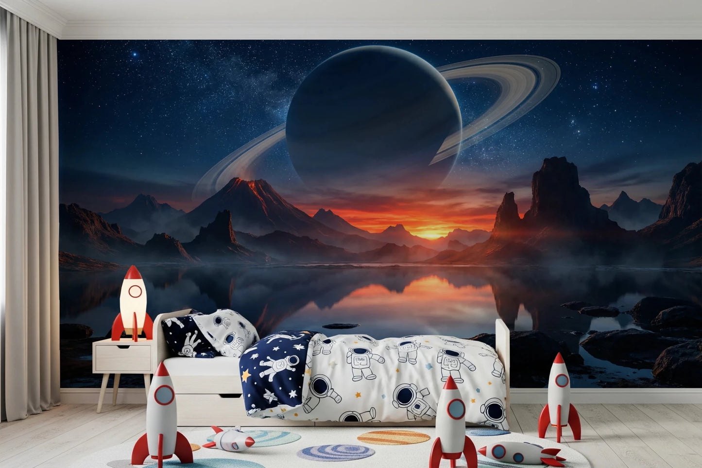 Dreamy playroom styled with Cosmic Reflection wall mural and mountain reflection view