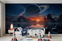 Dreamy playroom styled with Cosmic Reflection wall mural and mountain reflection view