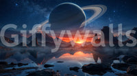 Fantasy space mural with glowing sky, planet, and mirrored mountain landscape scene