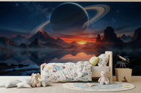 Creative kids space designed with Cosmic Reflection wall mural and cosmic landscape