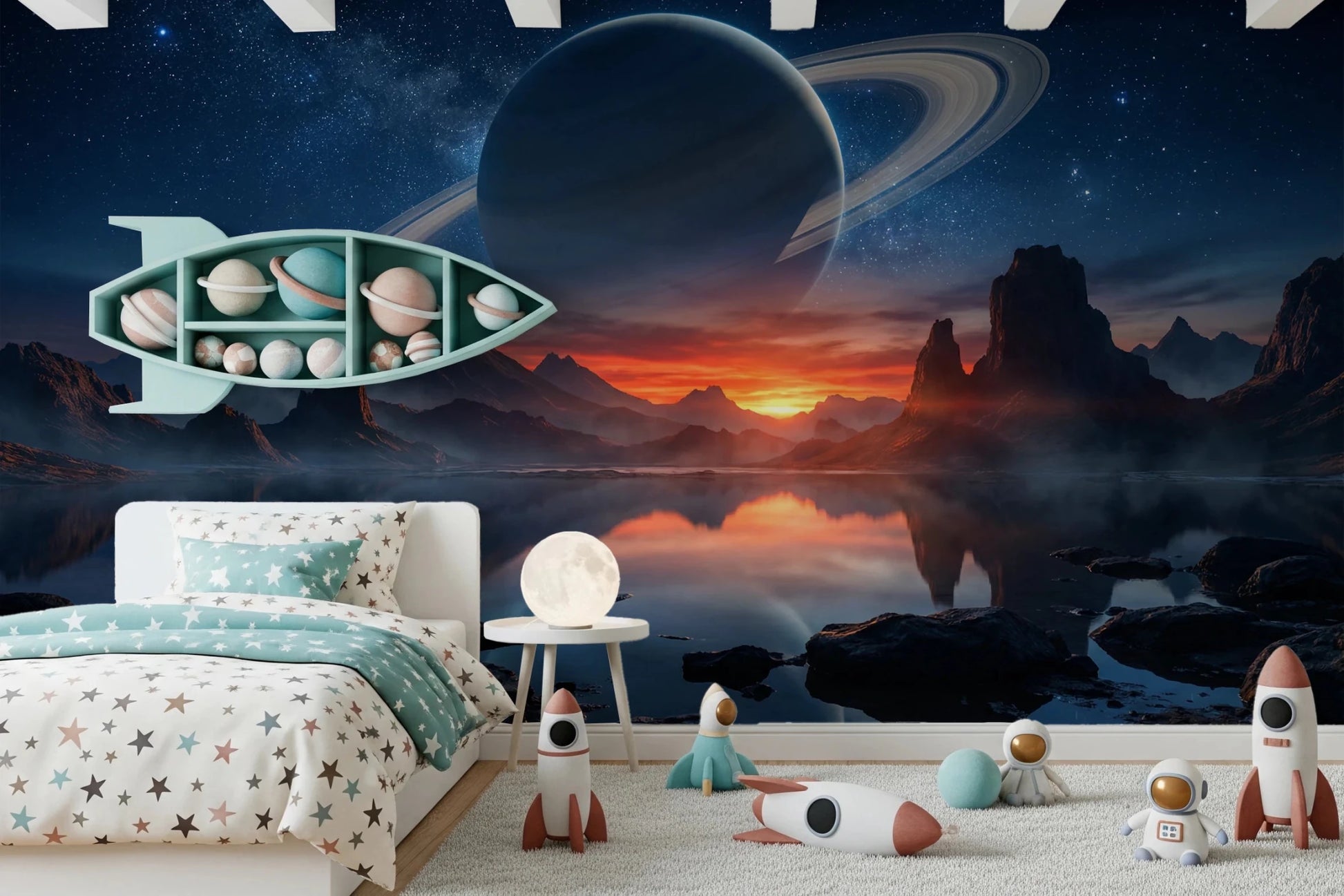 Imaginative kids room using Cosmic Reflection wall mural with ringed planet backdrop