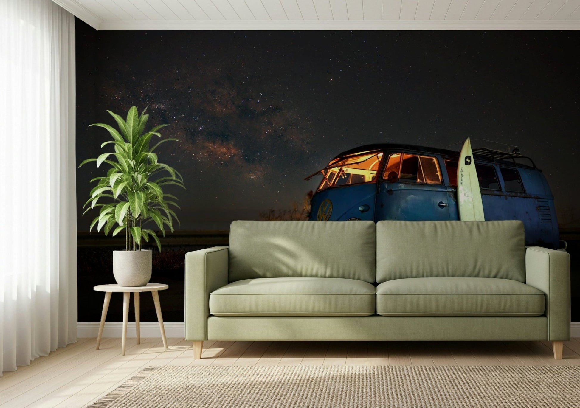 An artistic soft focus galaxy mural on minimalist wallpaper.