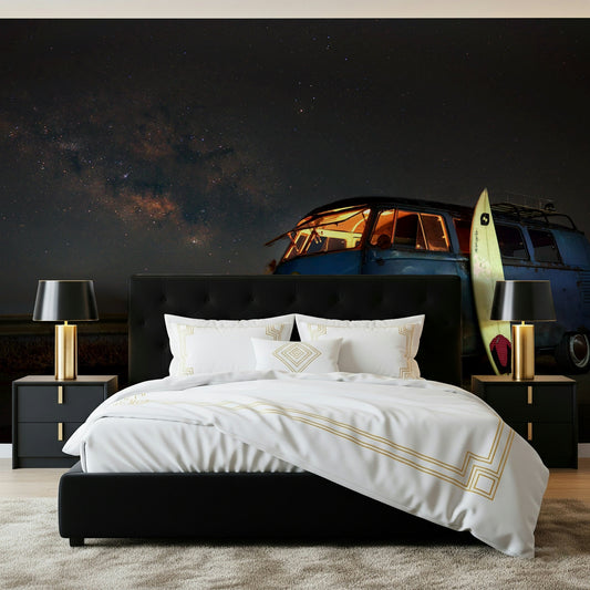 A beautiful whimsical cosmic wallpaper mural with playful space elements and stars.