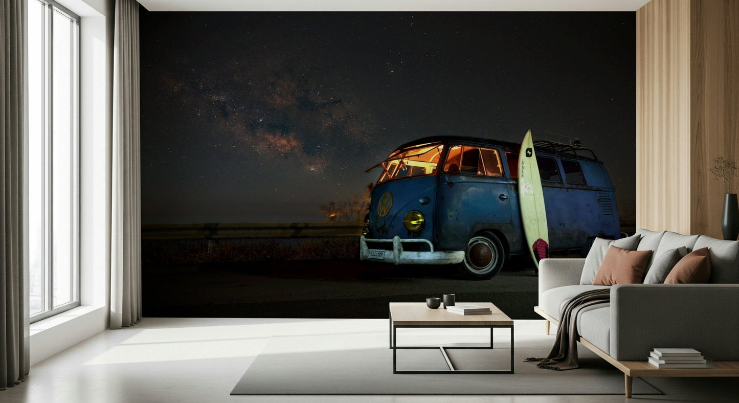 A peaceful modern abstract mural on decorative wallpaper.