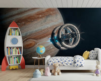 Bedroom styled using Cosmic Station Mural with large space planet view