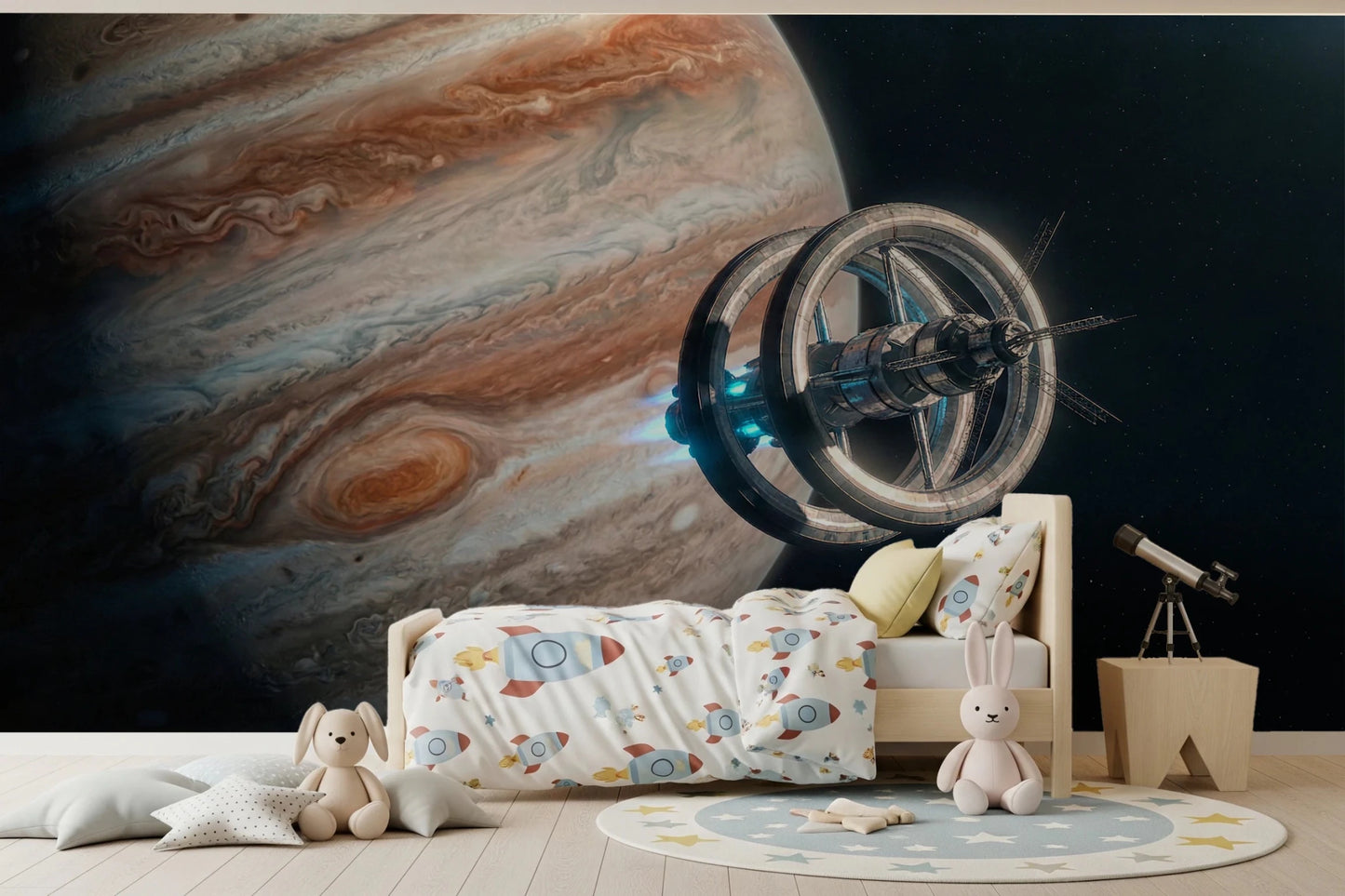 Spacecraft near planet in Cosmic Space Wall Mural with star field