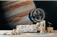 Spacecraft near planet in Cosmic Space Wall Mural with star field