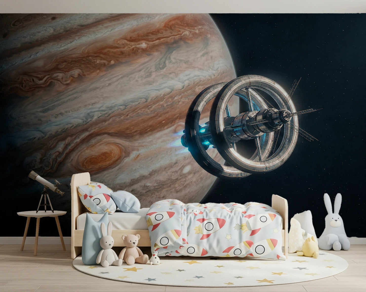 Kids room featuring Cosmic Space Wall Mural with orbital station scene