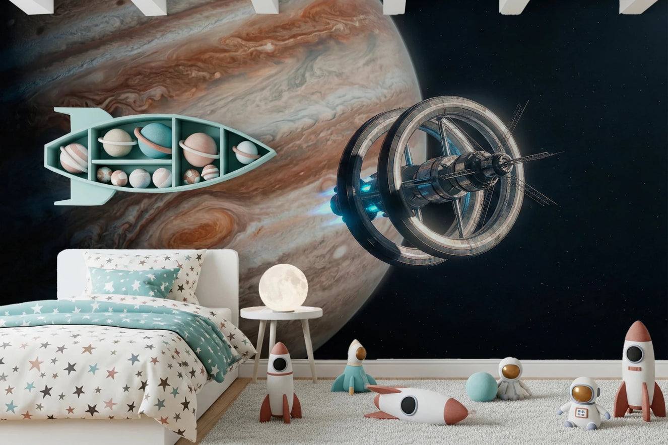 Kids bedroom with Cosmic Station Wall Mural showing planet and spacecraft
