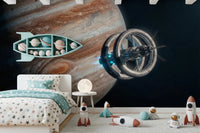 Kids bedroom with Cosmic Station Wall Mural showing planet and spacecraft