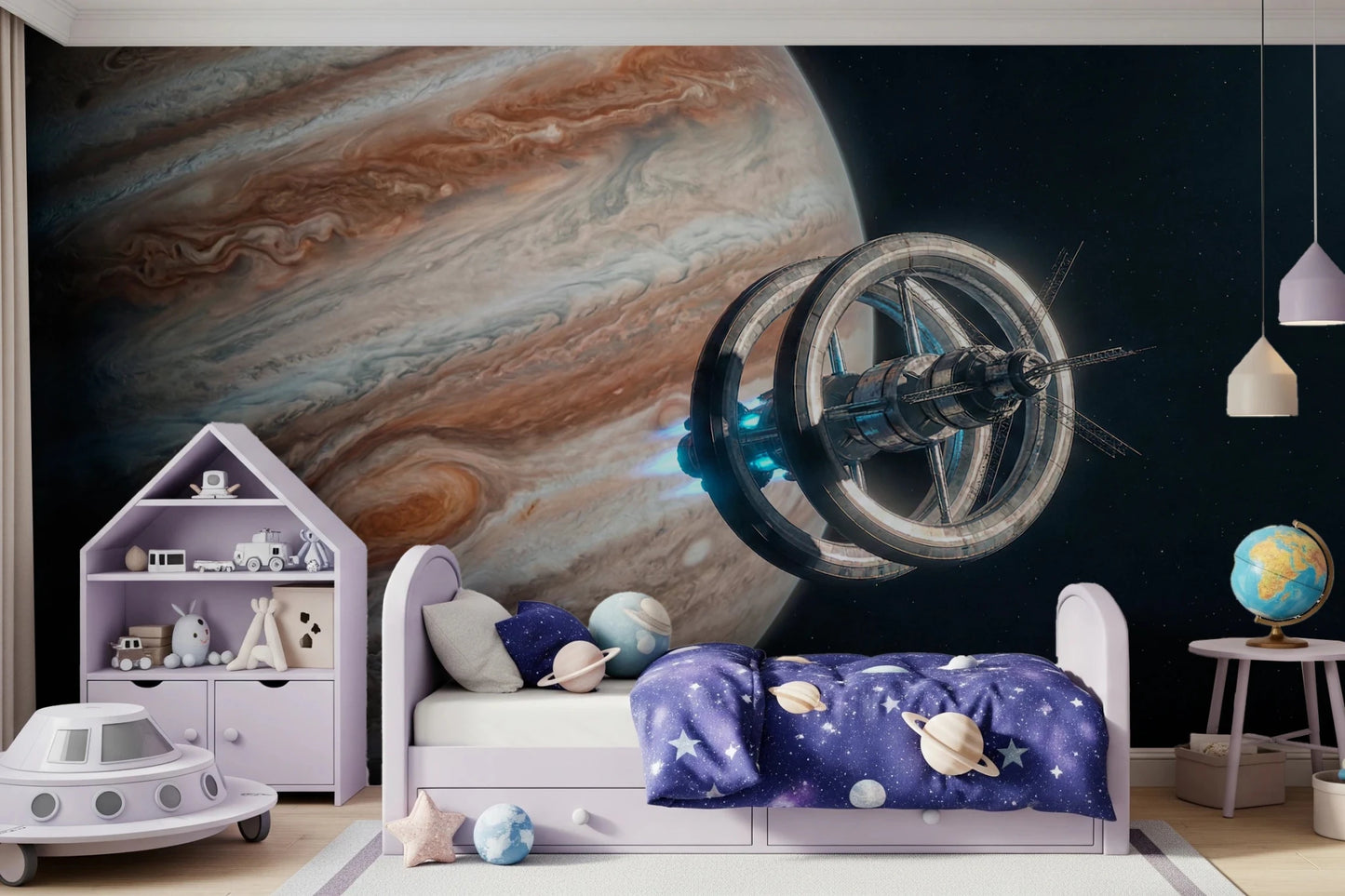 Boys room with Cosmic Station Wall Mural and deep space background