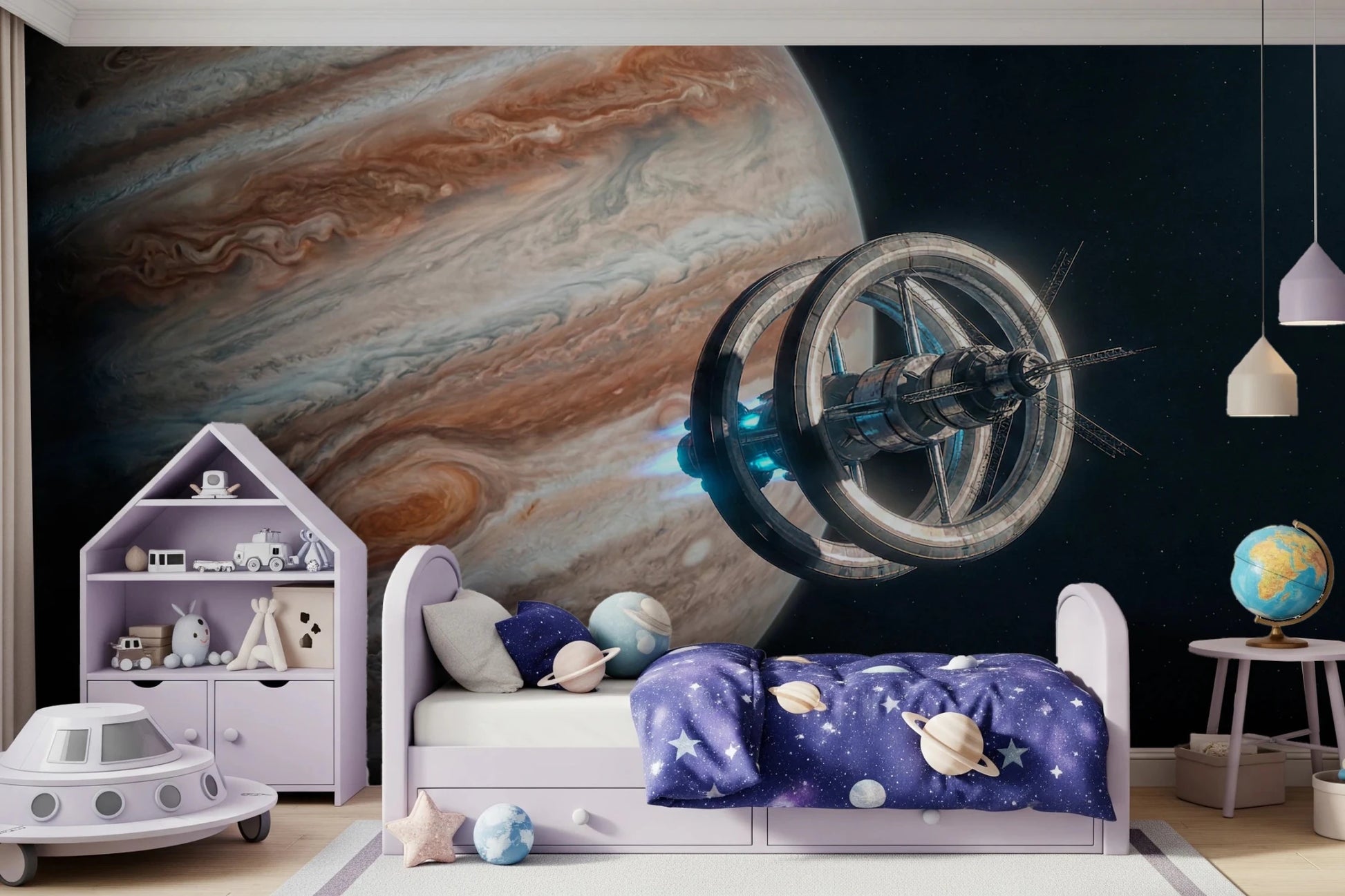 Boys room with Cosmic Station Wall Mural and deep space background
