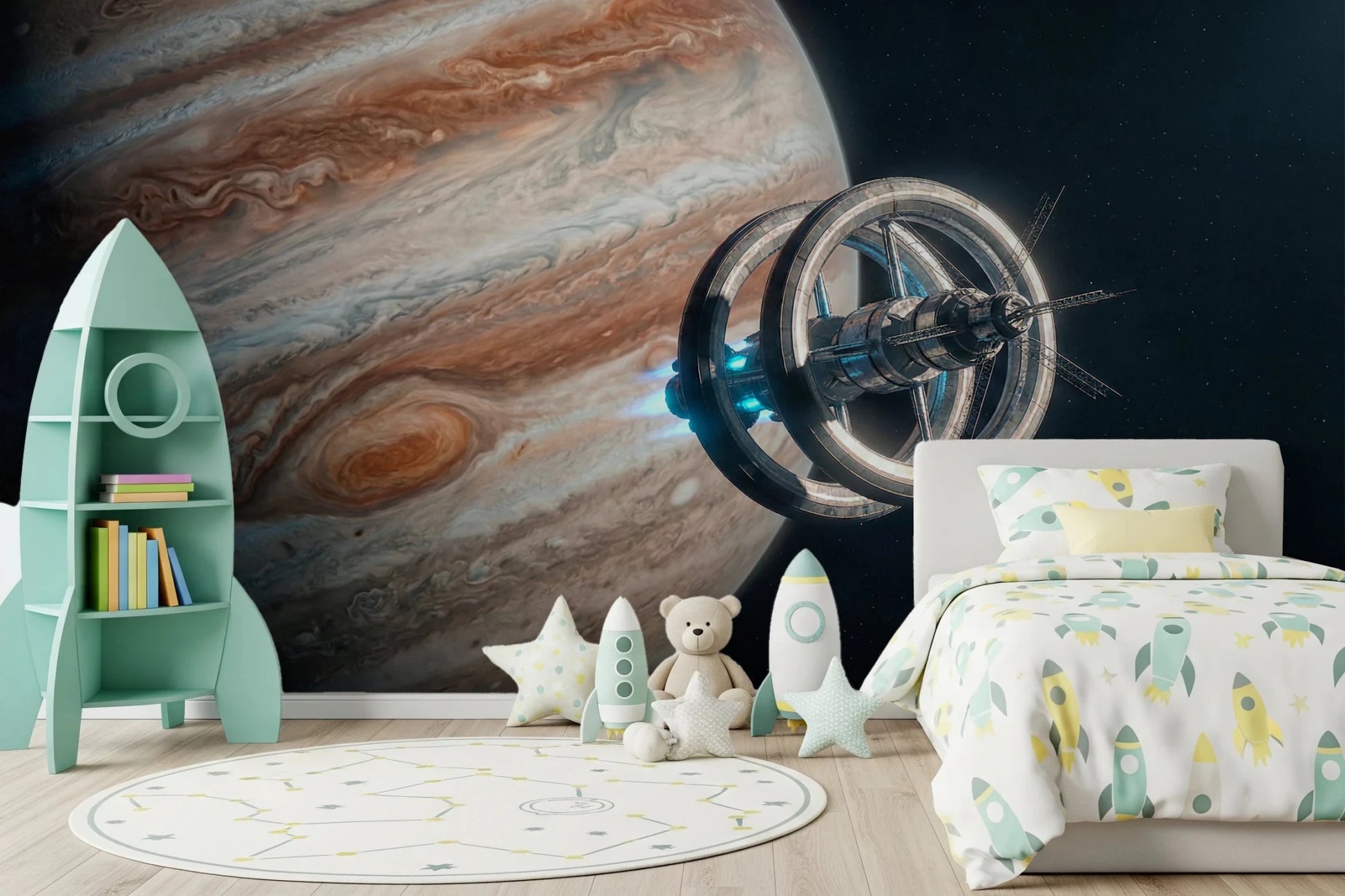 Dark space background in Cosmic Space Mural with planetary texture