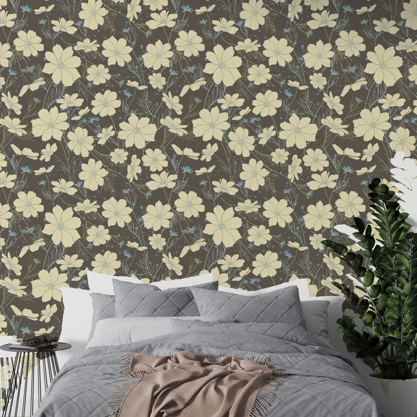 Elegant cosmos flower gray wallpaper with a minimalist design. NI05
