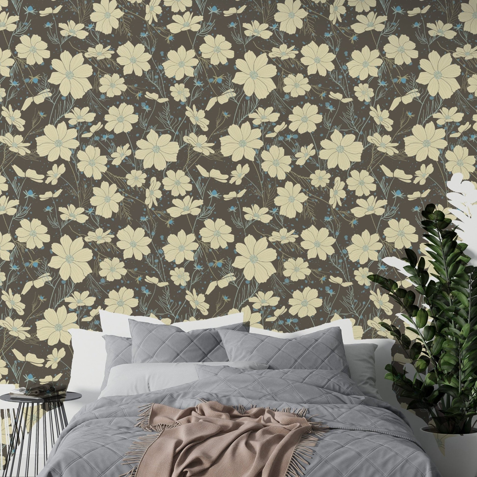 Elegant cosmos flower gray wallpaper with a minimalist design. NI05
