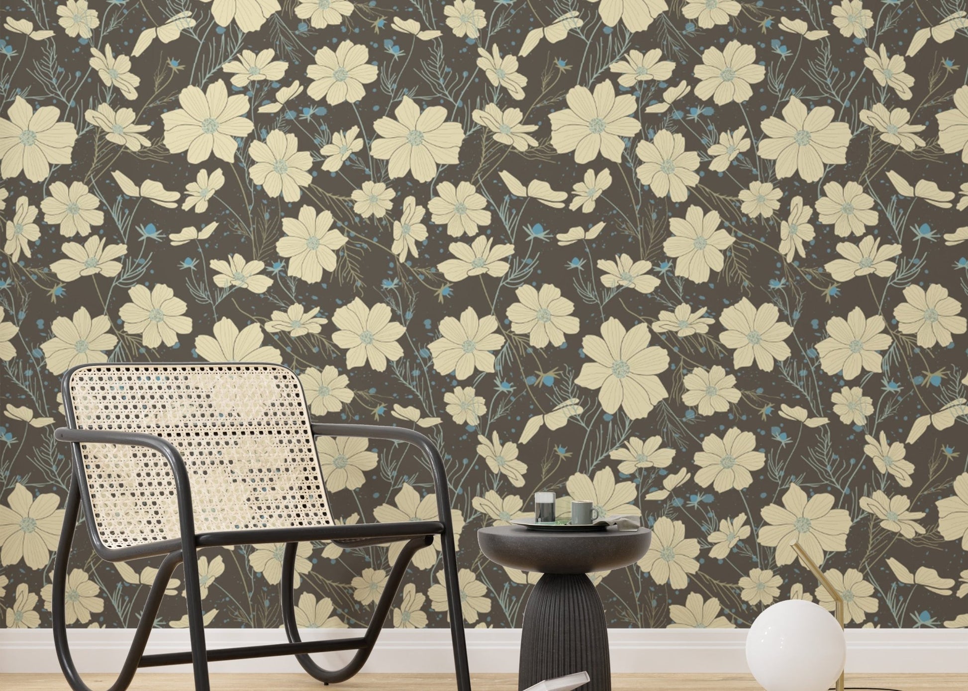 Delicate cosmos flower wallpaper in subtle gray tones. NI05
