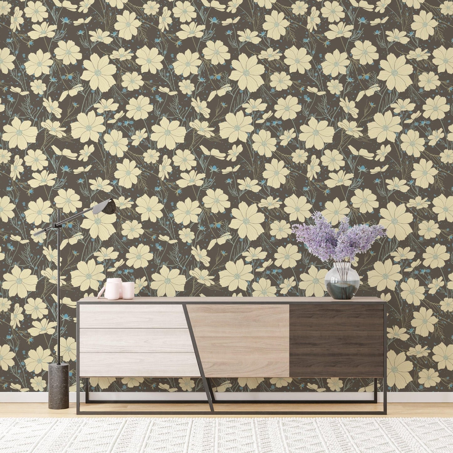 Modern cosmos flower wallpaper in a chic gray palette. NI05
