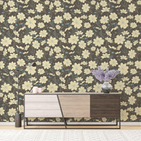 Modern cosmos flower wallpaper in a chic gray palette. NI05
