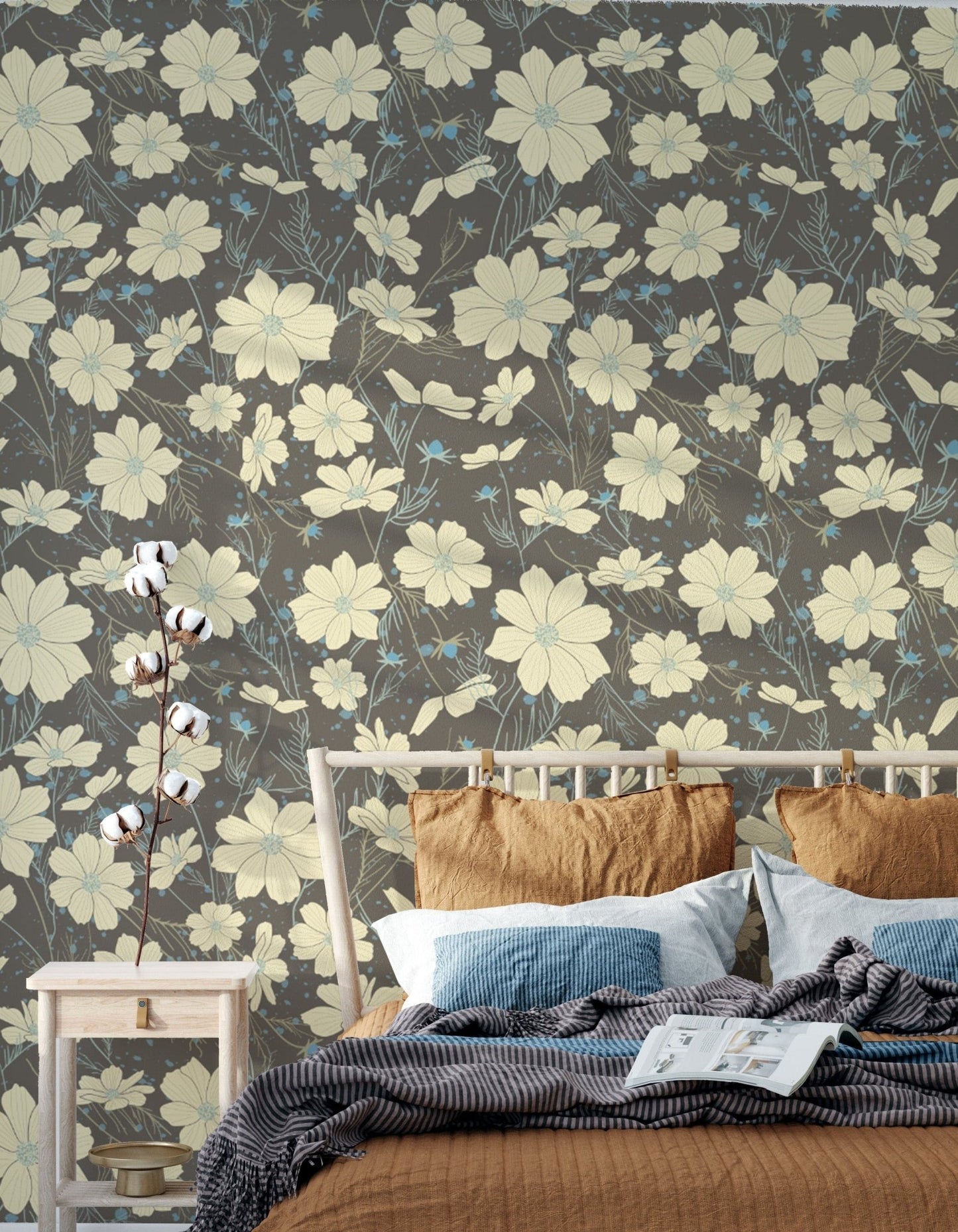 Stylish gray wallpaper with soft cosmos flower illustrations. NI05
