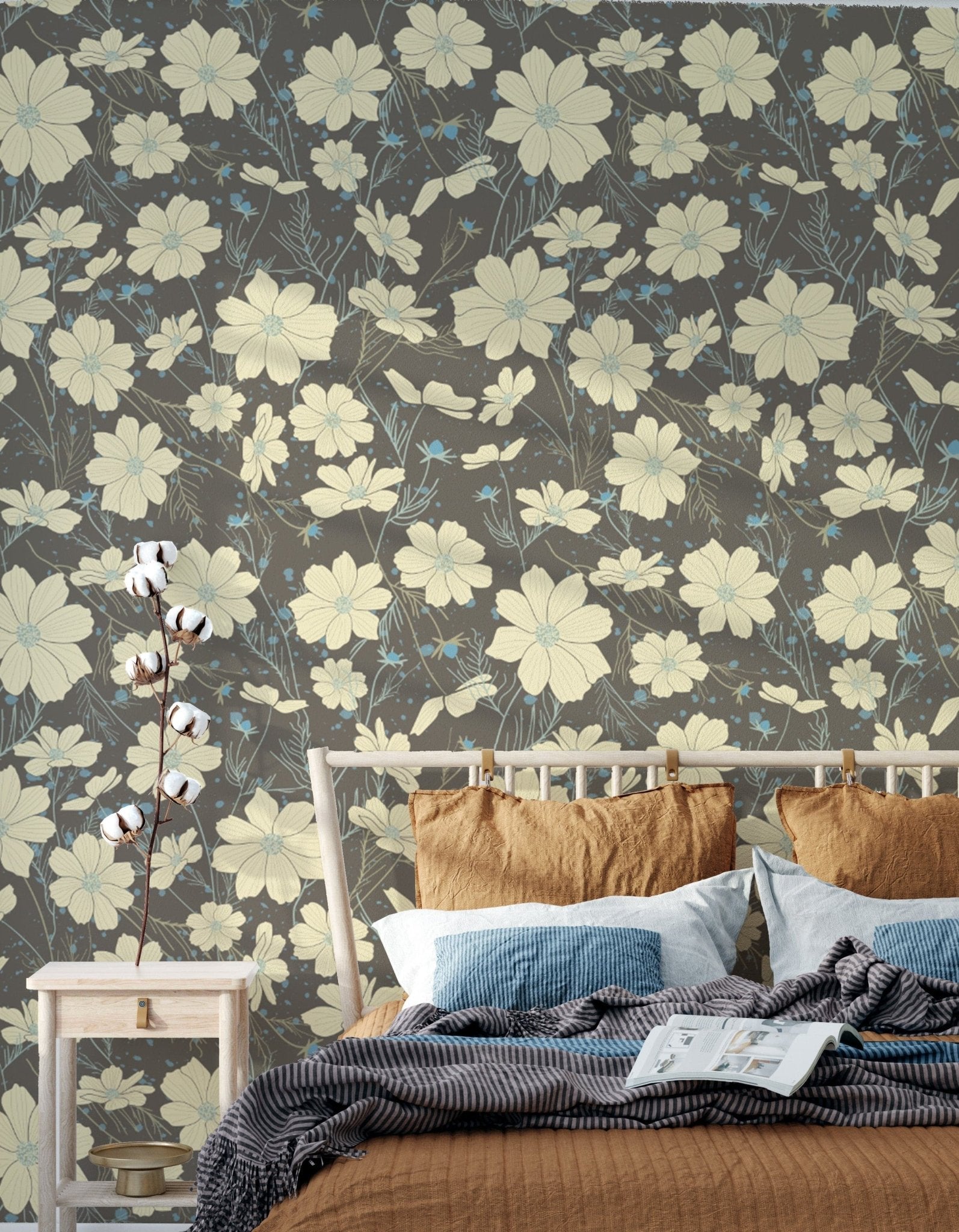 Stylish gray wallpaper with soft cosmos flower illustrations. NI05

