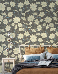 Stylish gray wallpaper with soft cosmos flower illustrations. NI05

