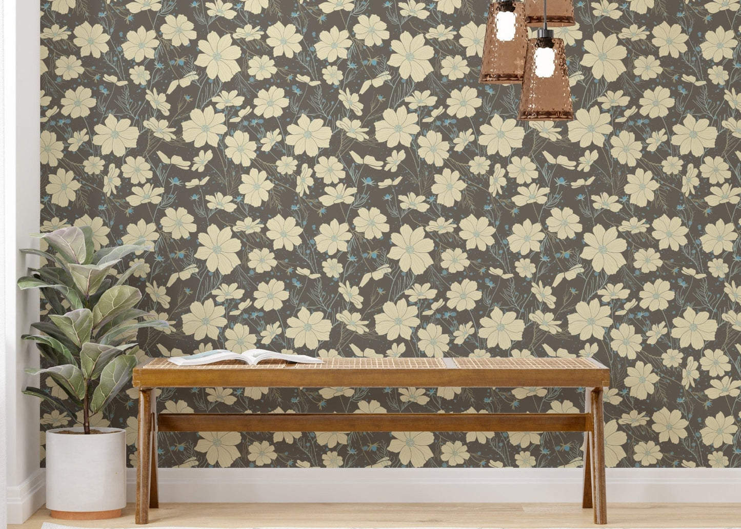 Artistic gray wallpaper with intricate cosmos flower details. NI05

