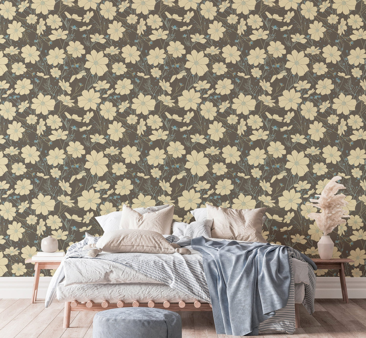 Sophisticated gray wallpaper featuring cosmos flower patterns. NI05