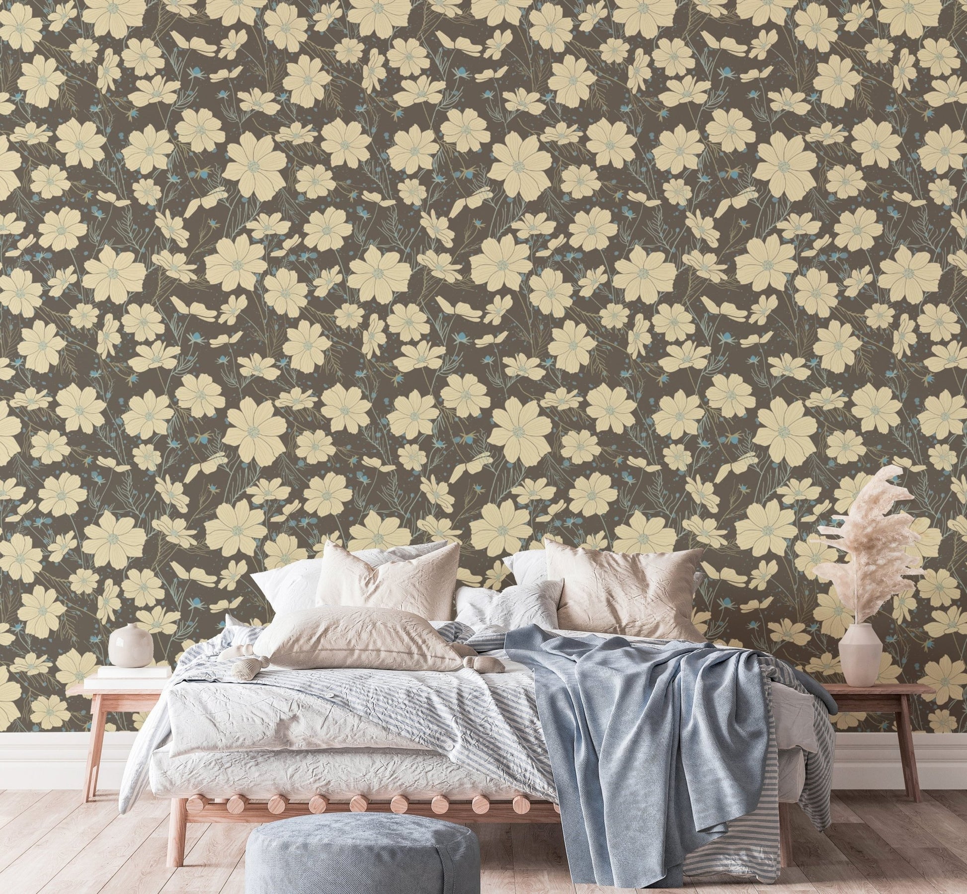 Sophisticated gray wallpaper featuring cosmos flower patterns. NI05