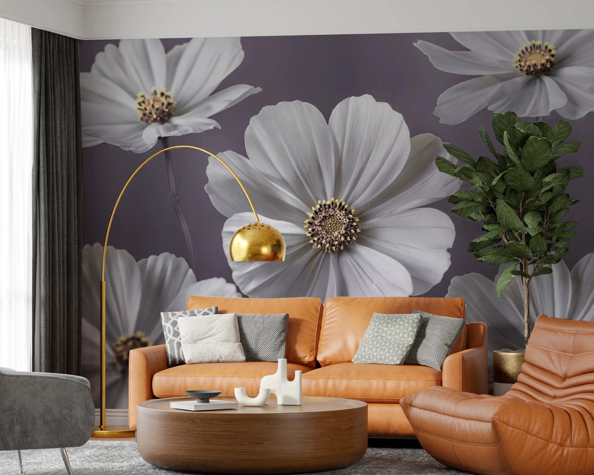 White floral arrangement wallpaper with soft purple background, GD8247