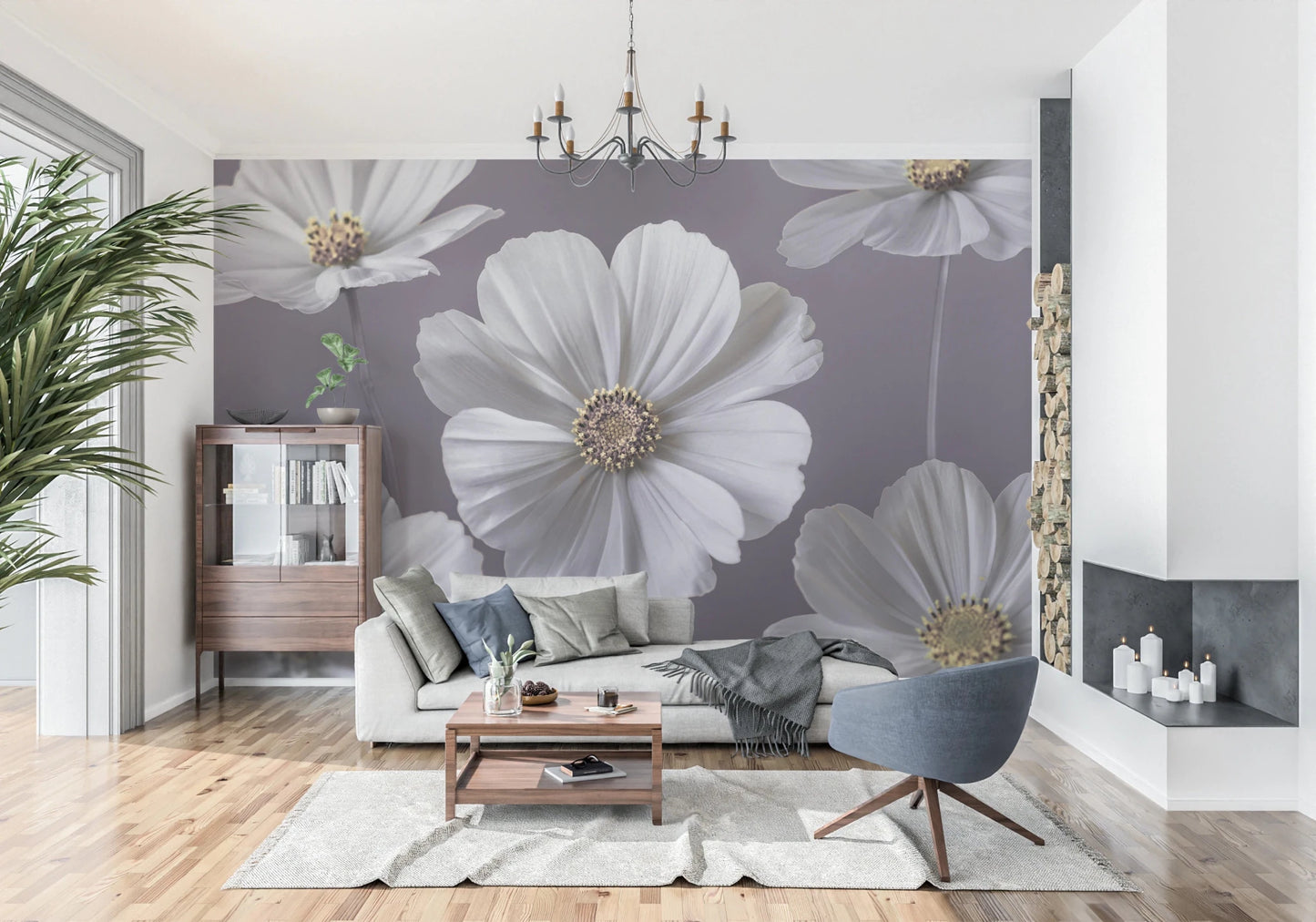 Symmetrical white flower heads on lavender wallpaper