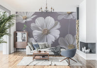 Symmetrical white flower heads on lavender wallpaper