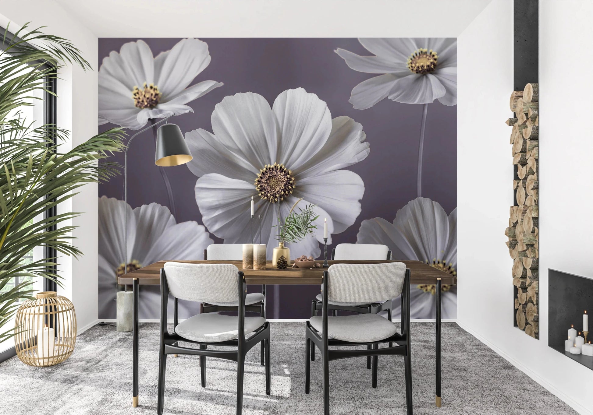 Pale violet backdrop with blooming white flora wallpaper