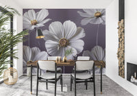 Pale violet backdrop with blooming white flora wallpaper