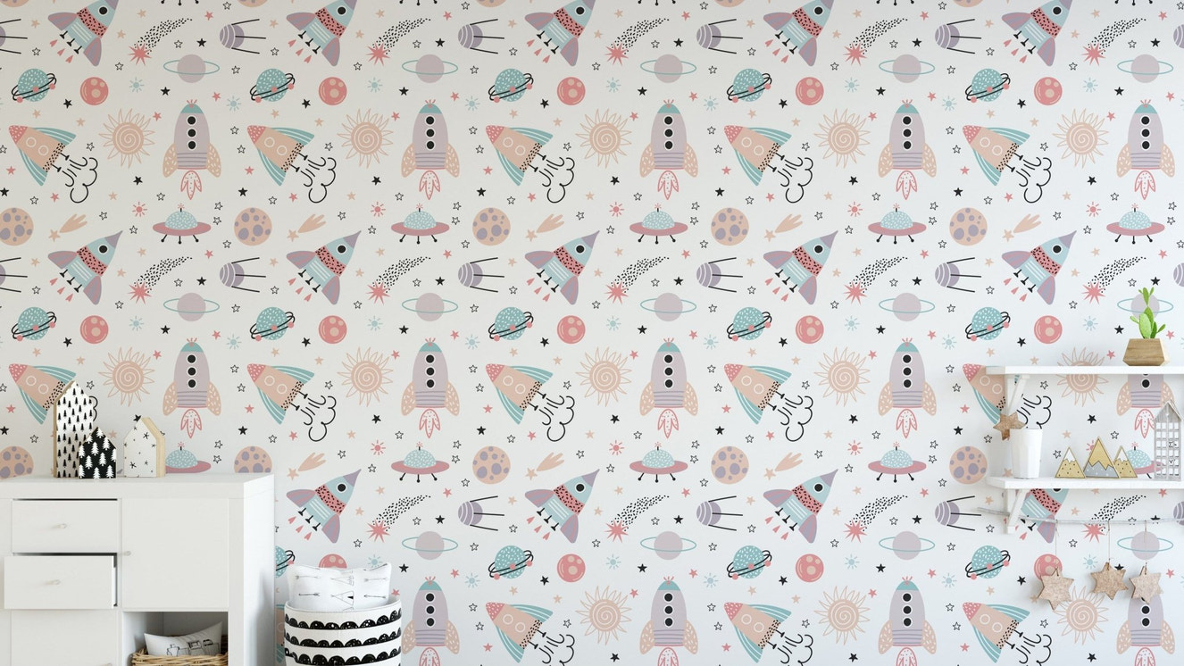 Playful space-themed wallpaper design
