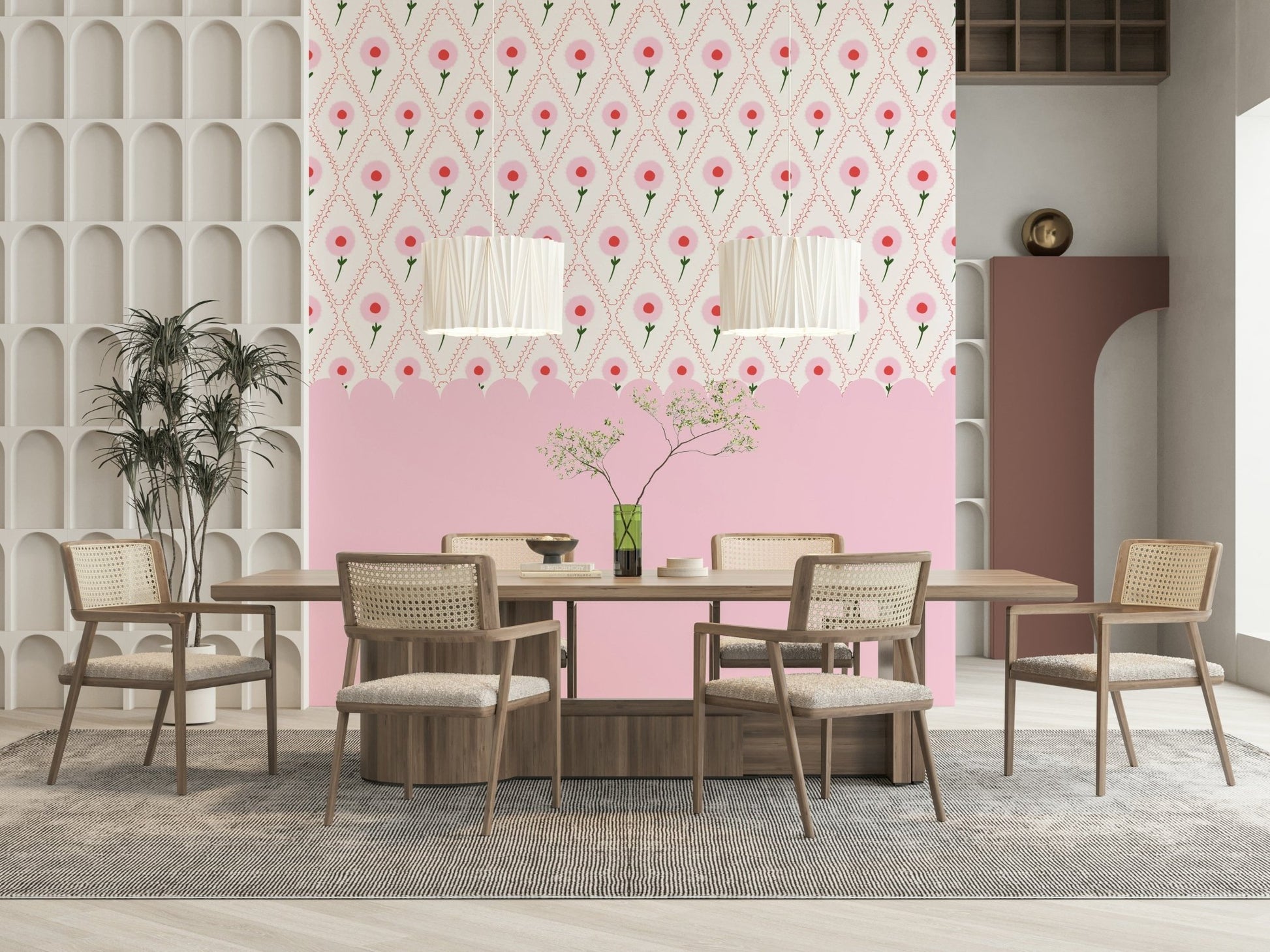 Cottage Rose Mural Wall Mural in a bright dining area with wooden decor wallpaper.