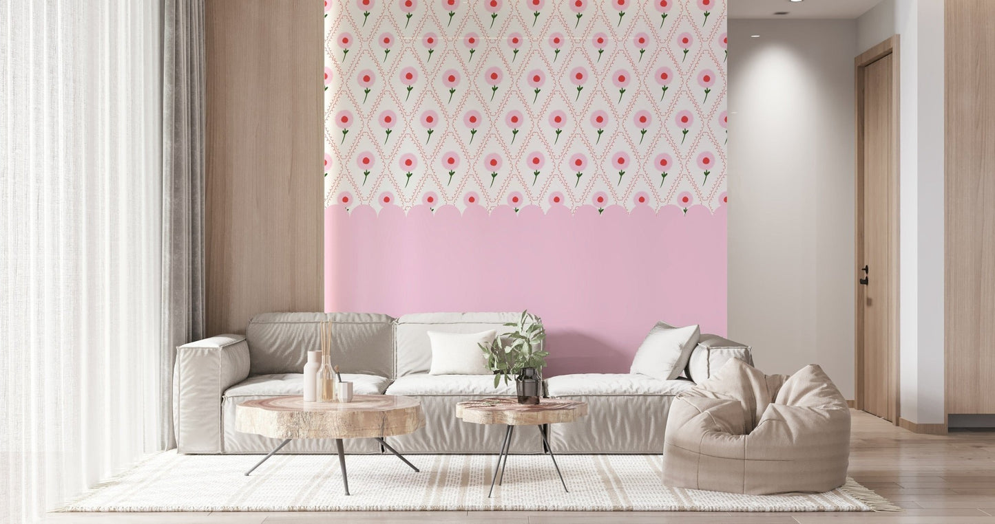 Detailed rose illustrations on a textured wall mural for a hallway wallpaper.